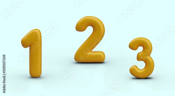 Fototapeta Set of first three numbers. Isolated 3D templates in holiday style. Golden elements with counting concept. 1, 2, 3. Models for holiday compositions, numbering, countdown