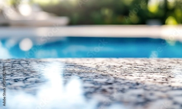 Fototapeta Granite Countertop Surface with Swimming Pool Backdrop for Summer Mockup
