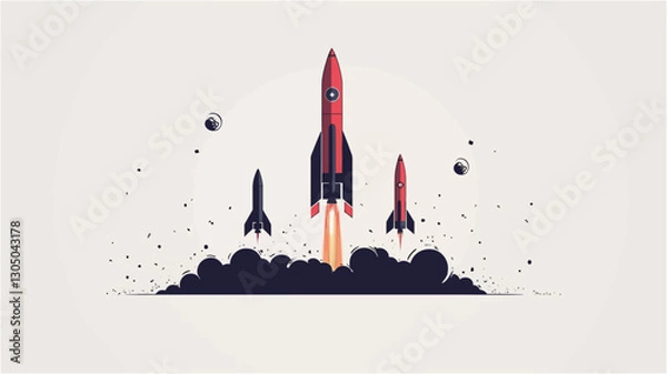 Fototapeta A minimalist vector illustration depicting three stylized rockets launching into space. The rockets are red and white, with simple geometric shapes.  The largest rocket is centrally