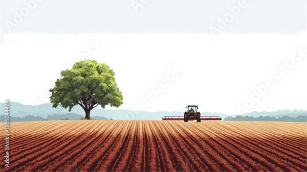 Fototapeta The image shows a wide, flat field of freshly plowed reddish-brown soil, exhibiting clear parallel lines indicating recent tillage. A lone, full, green deciduous tree stands prominently on