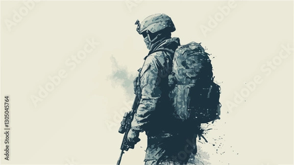 Fototapeta The image is a stylized illustration or painting of a soldier viewed from behind.  The soldier is wearing a helmet and a bulky backpack. A rifle is visible at their side. The color palette