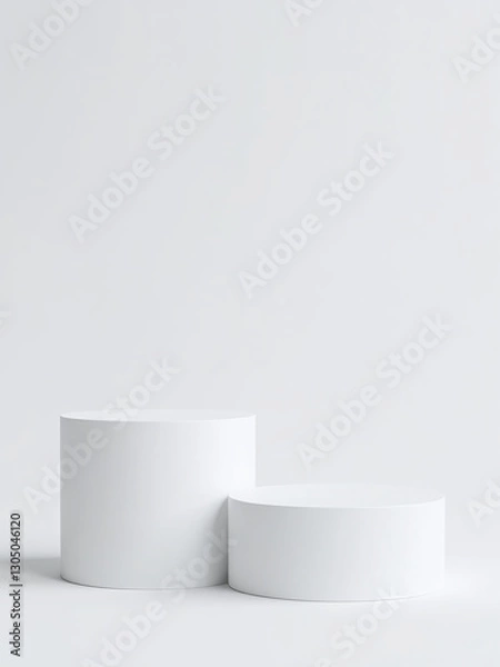Fototapeta Two Cylindrical Podiums Stand On A White Background, Providing An Elegant Space For Showcasing Products And Mockups Alike.