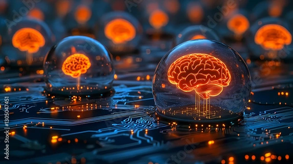 Fototapeta Transparent Spheres with Orange Brain Inside on Circuit Board
