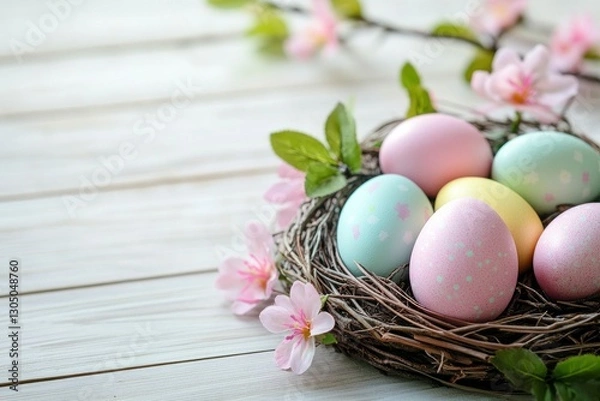 Fototapeta Colorful Easter eggs in a nest with spring flowers on a white wooden background, close-up. Happy Easter concept.