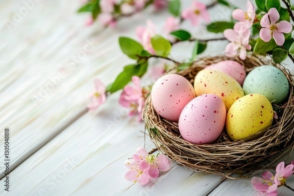 Fototapeta Colorful Easter eggs in a nest with spring flowers on a white wooden background, close-up. Happy Easter concept.