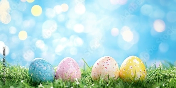 Fototapeta Colorful Easter eggs on the grass with a blue sky background.