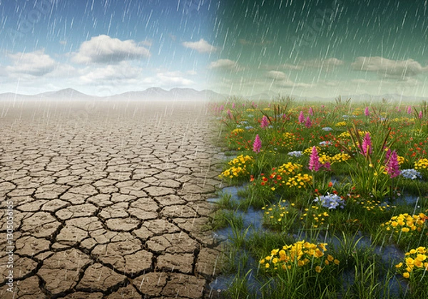 Fototapeta realistics rainy season has ability to completely transform dry land into a thriving and colorful environment