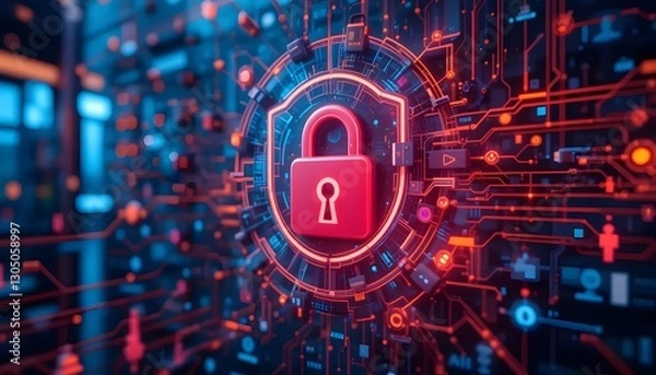 Fototapeta Digital Lock Icon Surrounded by Futuristic Circuit Patterns and Data Connections in Cyber Security Theme
