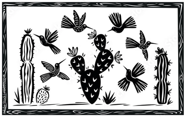 Fototapeta Collection of hummingbirds and cacti typical of the desert. Hand drawn in woodcut and cordel style. Vector illustration.eps