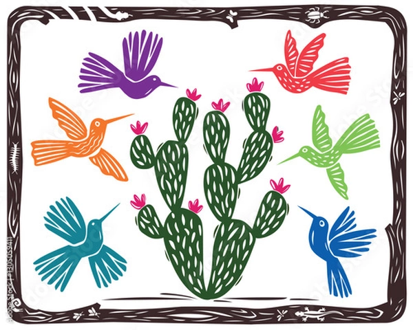 Fototapeta Woodcut frame with birds and cactus. Hummingbirds and Mandacaru. Illustration in the style of woodcut and Brazilian cordel. Editable vector.eps