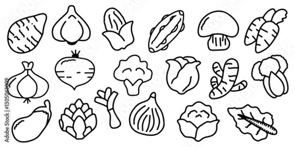 Fototapeta Vegetable doodle line set. Freehand doodle hand drawn sketch style drawing vegetables. Vector illustration