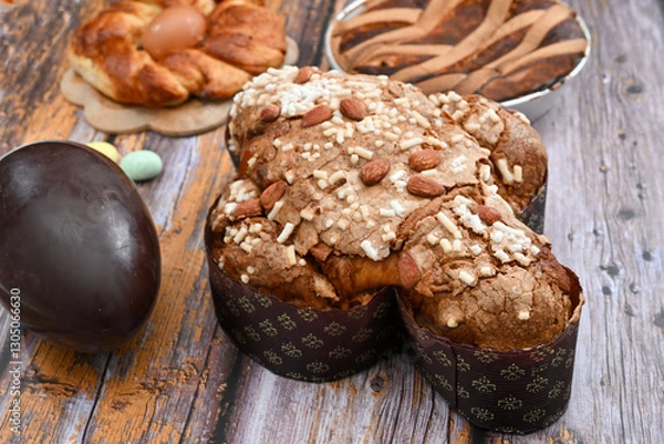 Fototapeta Colomba pasquale or Easter Dove is a traditional Italian dessert prepared with sourdough, almonds and candied fruit top view with chocolate egg pastiera and casatiello napoletano