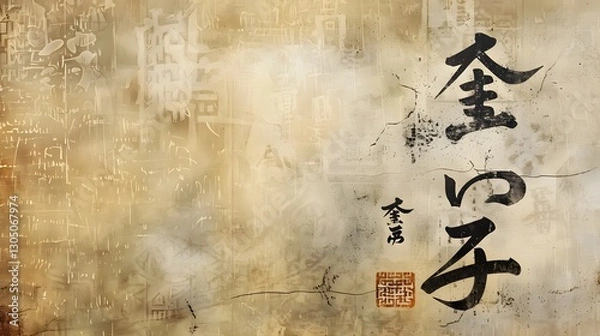 Fototapeta Elegant Asian Parchment with Handpainted Kanji Calligraphy and Silk like Textures