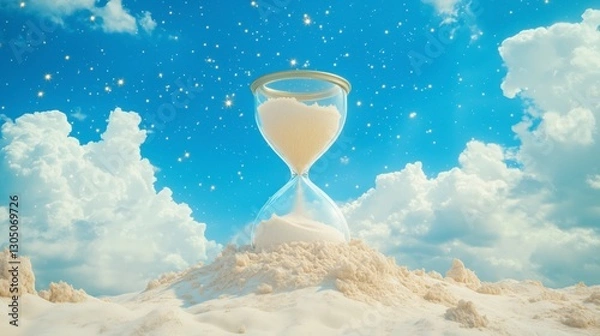 Fototapeta Beautiful hourglass on sand under starry sky and fluffy clouds in daylight