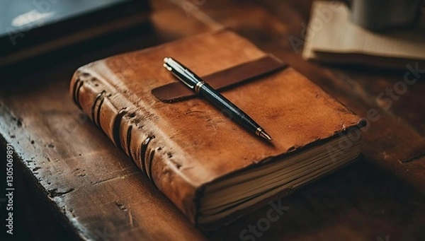 Fototapeta A worn leather book with an aged, mysterious cover sits on the table in front of you