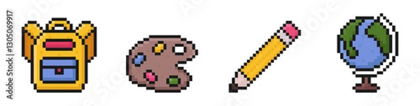 Obraz school supplies pixel art icons, back to school, 80s, 90s, old arcade game item style, backpack, school bag, palette, pencil, pen, globe, vector illustration