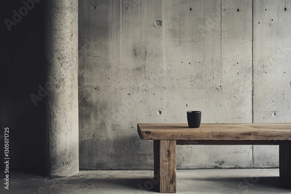 Fototapeta Rustic wooden table against concrete wall.