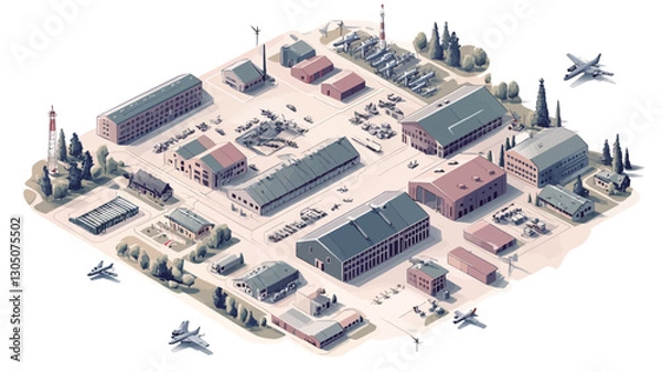 Fototapeta The image is a digital illustration depicting a military base in an isometric perspective. The illustration uses a low-poly style with simplified geometric shapes and muted colors.  Various