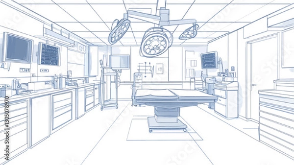 Fototapeta The image is a perspective line drawing or blueprint sketch of an operating room.  The sketch shows an operating table in the center, surrounded by various medical equipment and