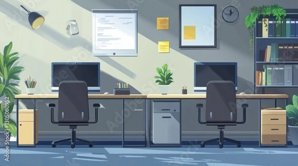 Fototapeta Two modern workspaces, sunlit office, productive setting, suitable for business, design, or educational use