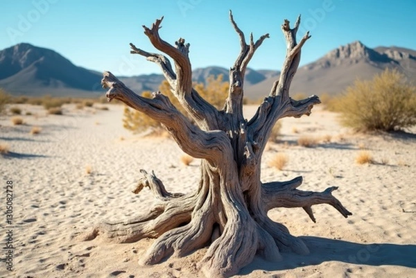 Fototapeta A Dead Tree in the Middle of a Desert With Mountains in the Background - Generative AI