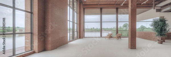 Fototapeta Modern architectural space with lake view and natural light in a contemporary design