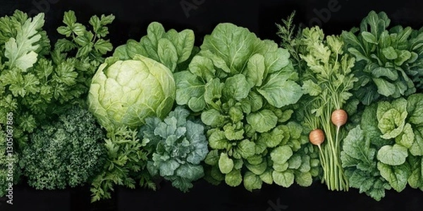 Fototapeta A Symphony of Greens: A vibrant and textured assortment of freshly harvested leafy greens and vegetables, artfully arranged against a stark background.