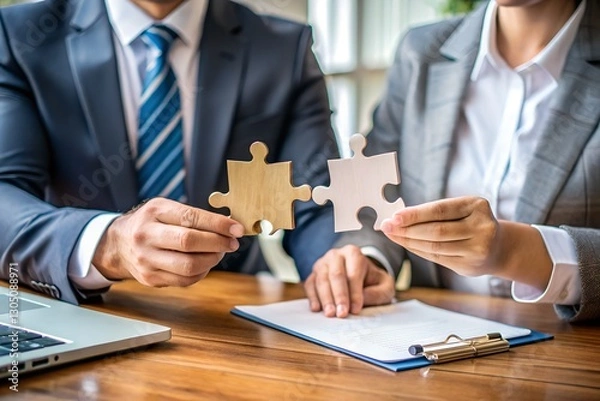 Fototapeta Two businesspeople’s hands holding matching jigsaw puzzle pieces, symbolizing teamwork and strategy.