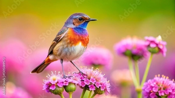 Fototapeta A Vibrant Little Bird Perched Gracefully on a Cluster of Delicate Pink Blossoms in a Serene Garden Setting