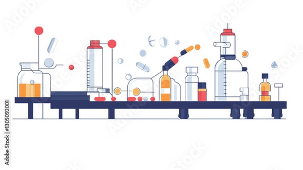 Fototapeta A stylized vector illustration depicting a pharmaceutical production line. The image uses a flat design style with bold outlines and minimal shading.  The illustration shows a conveyor belt