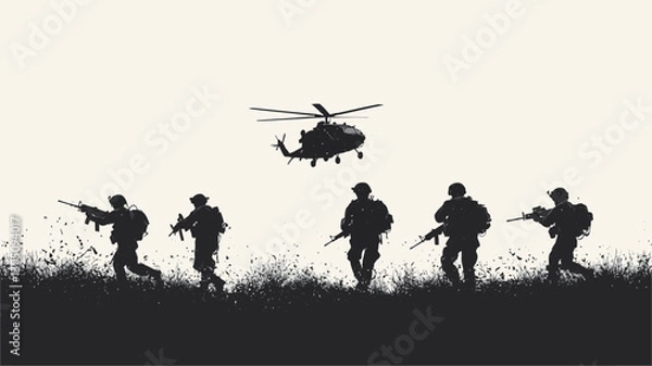 Fototapeta The image is a monochrome illustration depicting five soldiers silhouetted against a light background, walking across a field of tall grass.  A helicopter is centrally positioned above