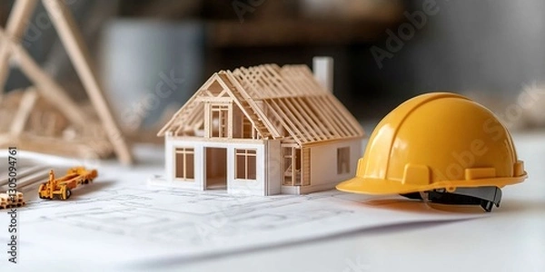 Obraz Blueprint of Dreams: A miniature house under construction rests on architectural blueprints beside a yellow hard hat, suggesting new beginnings and the planning stages of a home