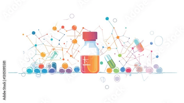 Fototapeta A stylized illustration depicting a medical vial filled with a yellowish-orange liquid, featuring a red cap.  The vial is centrally positioned against a white background.  Surrounding the