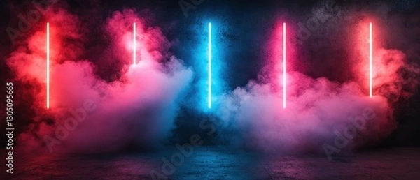 Fototapeta Abstract neon lights in a smoky room creating a futuristic atmosphere with vibrant red and blue colors illuminating a dark textured background