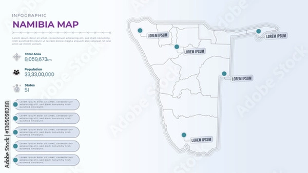 Fototapeta Total Area, Papulation, States & More Detailed Infographic Map of Namibia. Namibia country map infographic colored vector template with regions and pointer marks.