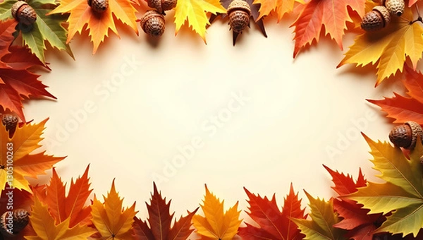 Fototapeta Crisp Autumn Leaves and Acorns Frame for Thanksgiving Messages