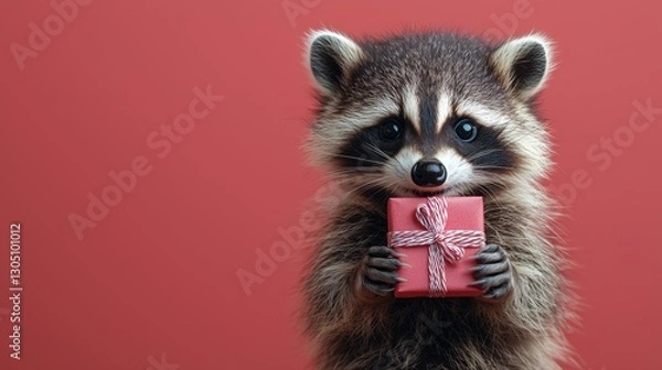 Fototapeta Adorable raccoon holding a gift box against a red background.