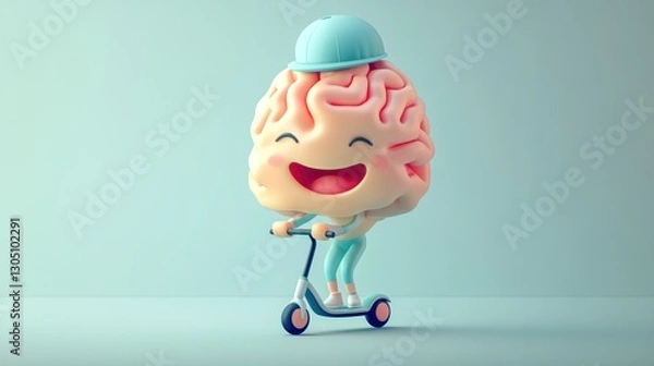Obraz Brain character rides scooter, happy expression