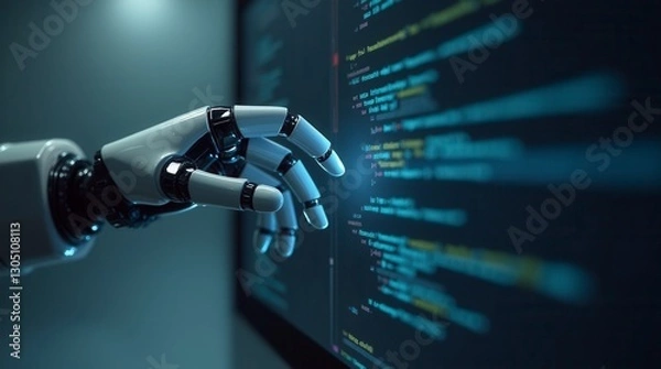 Fototapeta Innovative Robot Hand Reaching Towards Code Display in Dark Lab