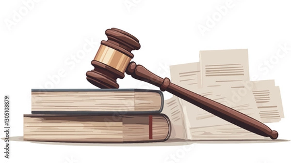 Fototapeta A digital illustration depicting a wooden gavel resting atop a stack of two books.  Several crumpled papers or documents are situated beside the books. The gavel is positioned diagonally