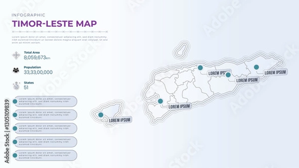 Fototapeta Total Area, Papulation, States & More Detailed Infographic Map of Timor-Leste. Timor-Leste country map infographic colored vector template with regions and pointer marks.