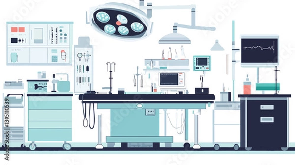 Fototapeta A digital illustration depicting the interior of a modern operating room.  The scene is presented from a slightly elevated perspective, showing a central operating table surrounded by