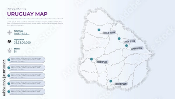 Fototapeta Total Area, Papulation, States & More Detailed Infographic Map of Uruguay. Uruguay country map infographic colored vector template with regions and pointer marks.