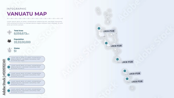 Fototapeta Total Area, Papulation, States & More Detailed Infographic Map of Vanuatu. Vanuatu country map infographic colored vector template with regions and pointer marks.