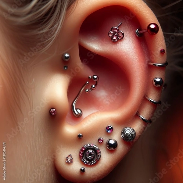Fototapeta The ear is one of the most common areas for piercings with a wid