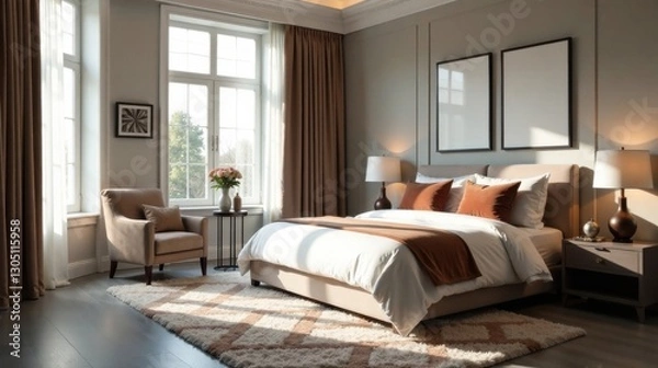 Obraz Sunlight streams through large windows illuminating a tranquil bedroom with a plush bed, soft textiles, and a comfortable armchair