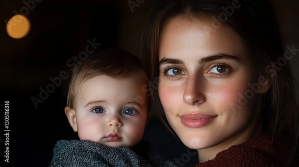 Fototapeta Young mother cradling newborn, embodying love and nurturing, intimate family bond, warmth and tenderness, serene home atmosphere