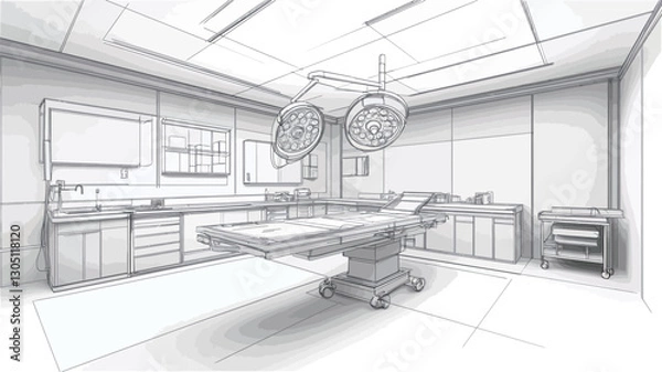 Fototapeta The image is a grayscale architectural sketch depicting the interior of an operating room.  The sketch is rendered in a style resembling a line drawing or blueprint, showing the layout and