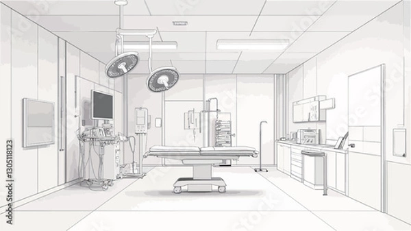 Fototapeta The image is a 3D wireframe rendering of a modern medical examination room.  The rendering is monochromatic, in shades of gray, giving it a blueprint-like appearance. The room is depicted