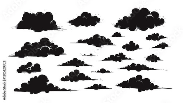 Fototapeta The image contains a collection of various-sized black cloud silhouettes against a white background.  The clouds are depicted in a simple, cartoonish style with varying degrees of fullness